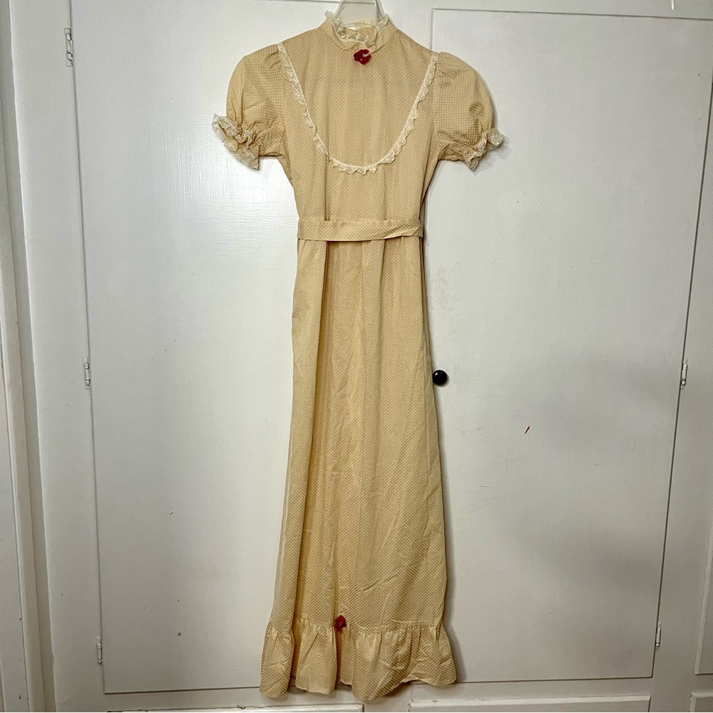 Vintage 60s Kathy California Cream Swiss Dot Lace Trim Prairie Dress